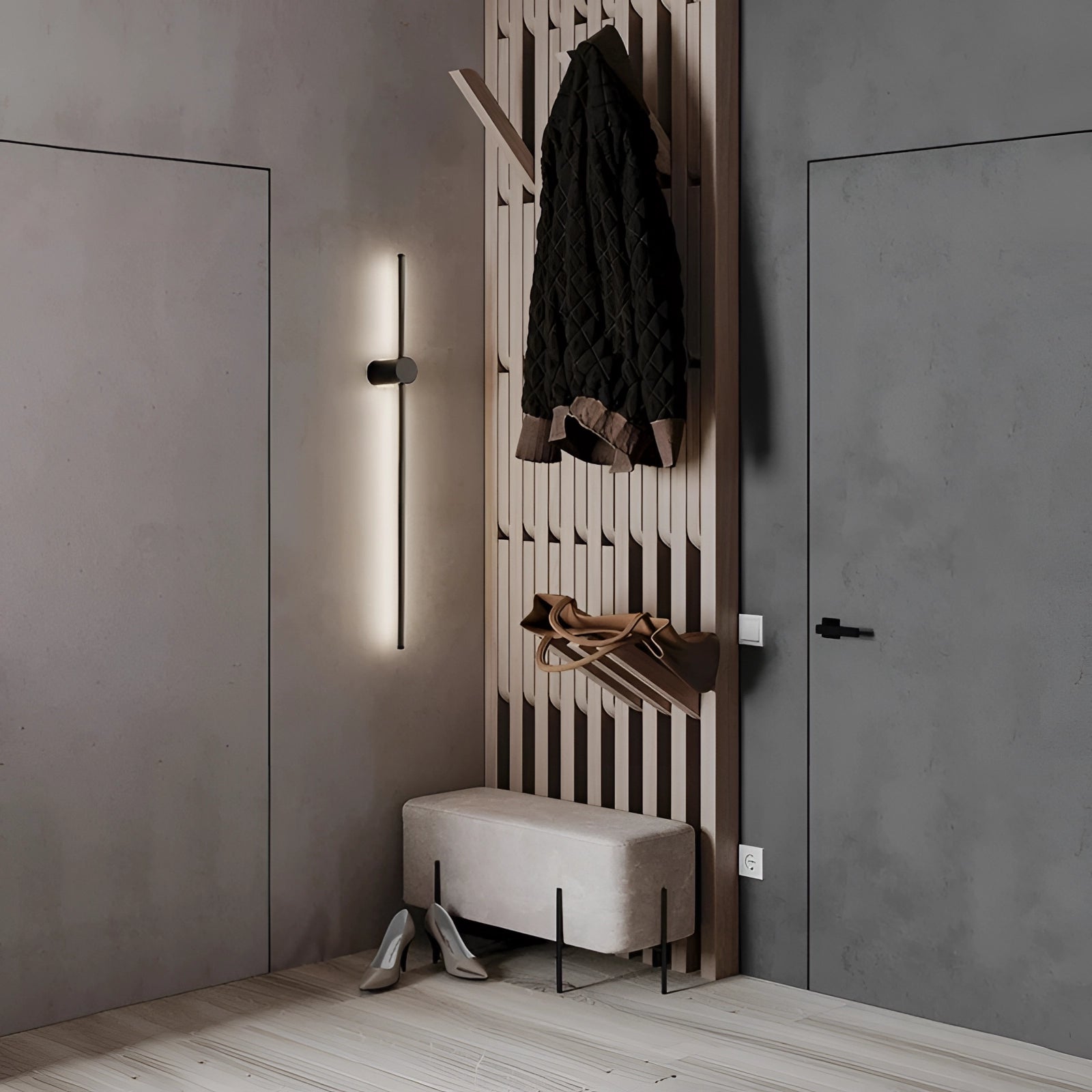 A modern vertical coat rack made of minimalist wooden panels mounted on a wall, featuring a sleek design that complements the hardwood flooring and contemporary decor in a room.