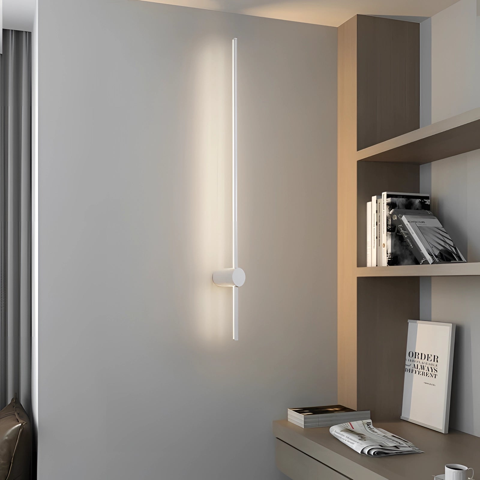 Modern vertical coat rack with a minimalist design, featuring a long white wooden wall panel measuring 10 x 100 cm, suitable for interior decor.