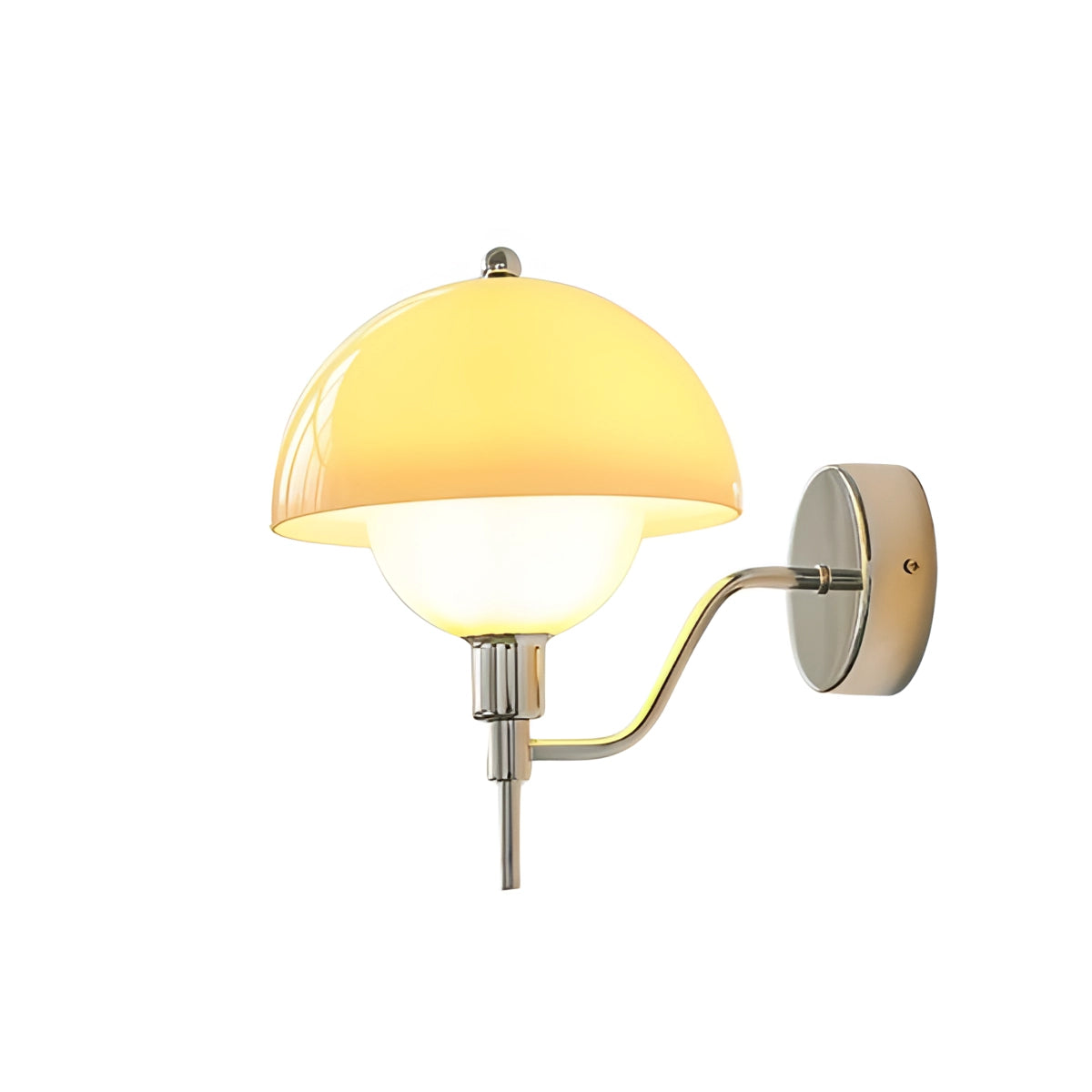 Sleek white globe sconce with a chrome and yellow finish, mounted on a wall with a modern design suitable for bedroom and living room lighting.
