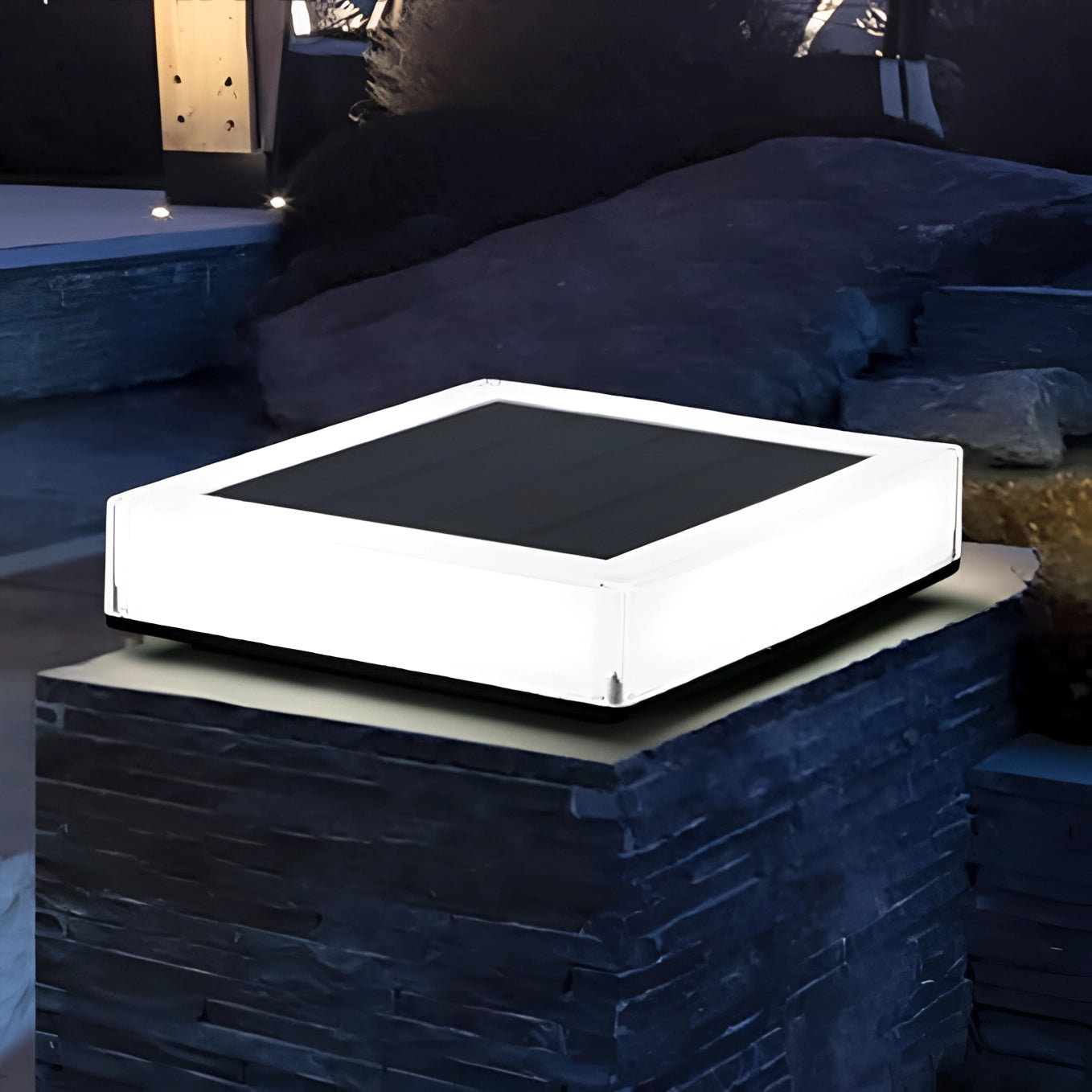 Modern waterproof LED cube seats with ambient lighting, placed on a wooden floor.
