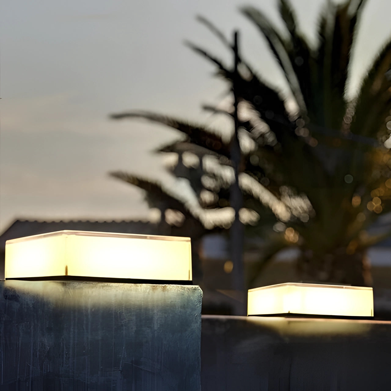 Modern Waterproof LED Cube Seats placed outdoors, glowing with ambient light near plants and trees, against a backdrop of sky and wooden architecture.