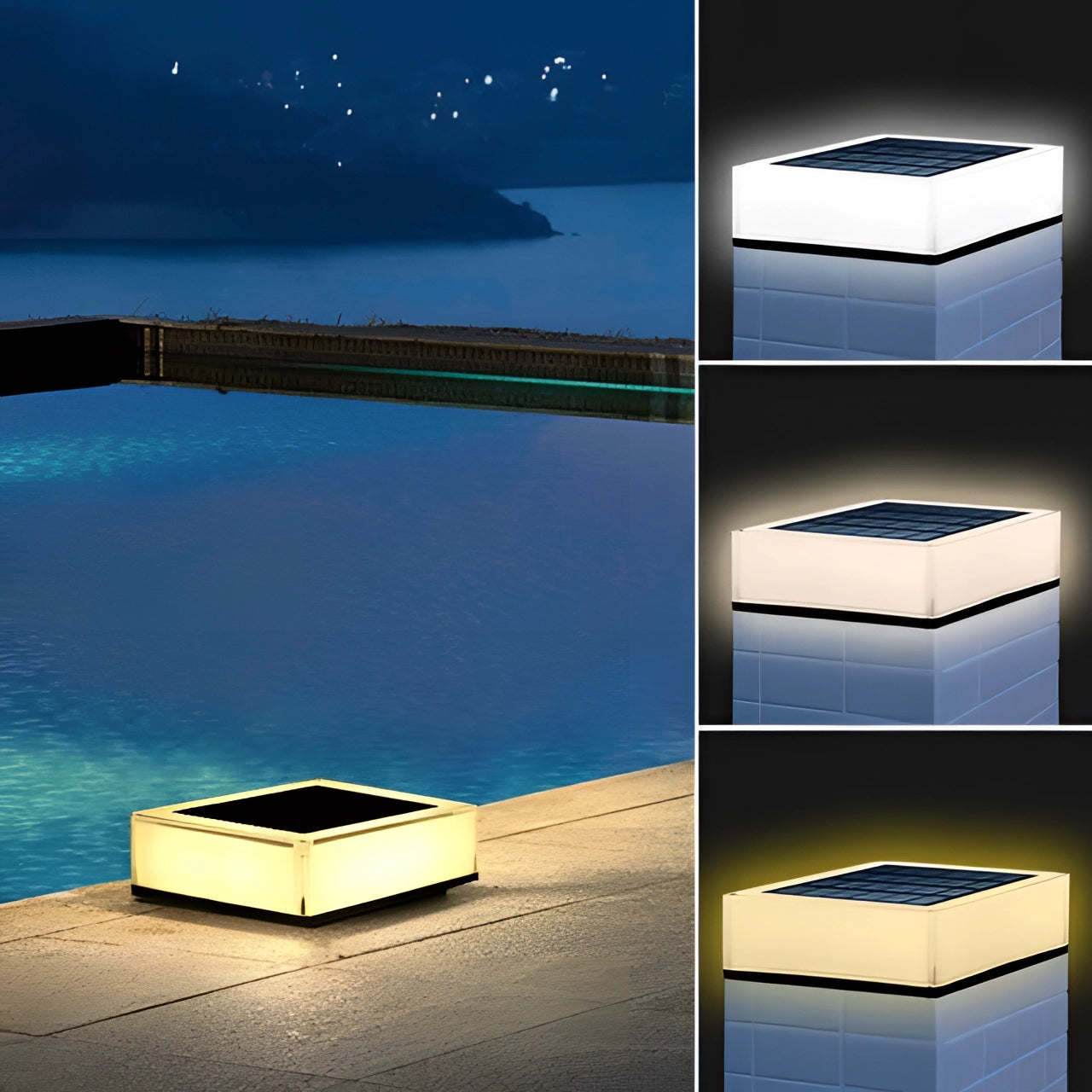 Modern waterproof LED cube seat glowing with blue ambient light, placed outdoors under a clear sky.