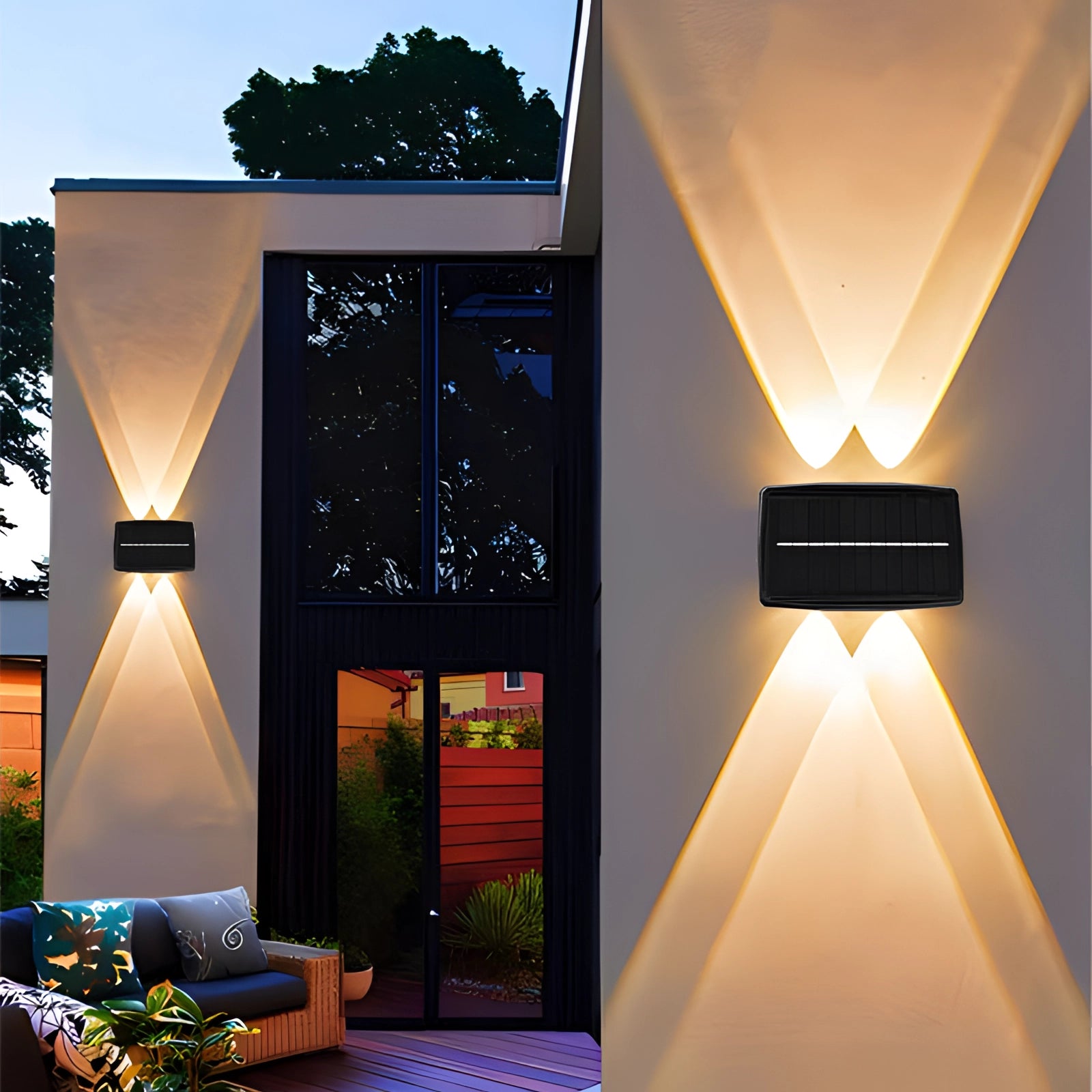 Modern waterproof outdoor LED wall sconces with a geometric design, installed on the exterior of a property, illuminating the surroundings with a warm orange glow. The scene includes nearby plants and trees, highlighting the sconces' integration with outdoor architecture and landscape design.