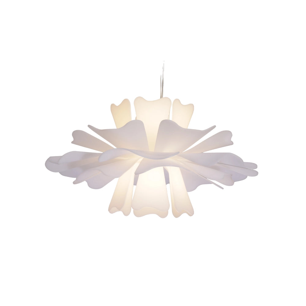 Modern white floral pendant light resembling a large blossom, featuring symmetrical petals in a creative design, suitable as a ceiling lamp.