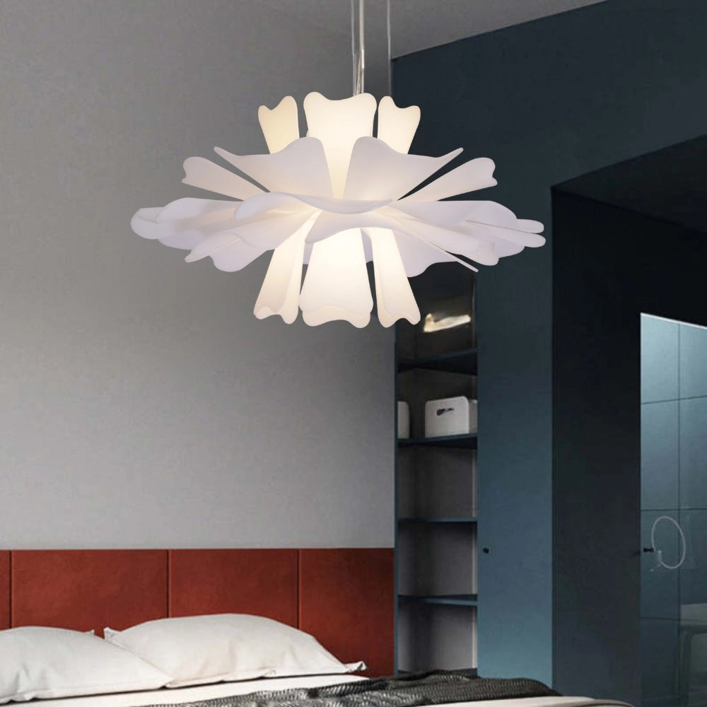 Modern white floral pendant light with decorative blossom design, measuring 19.7 inches, hanging in an interior setting. The lamp features a white shade resembling petals, creating a sophisticated and elegant ambiance in the room.