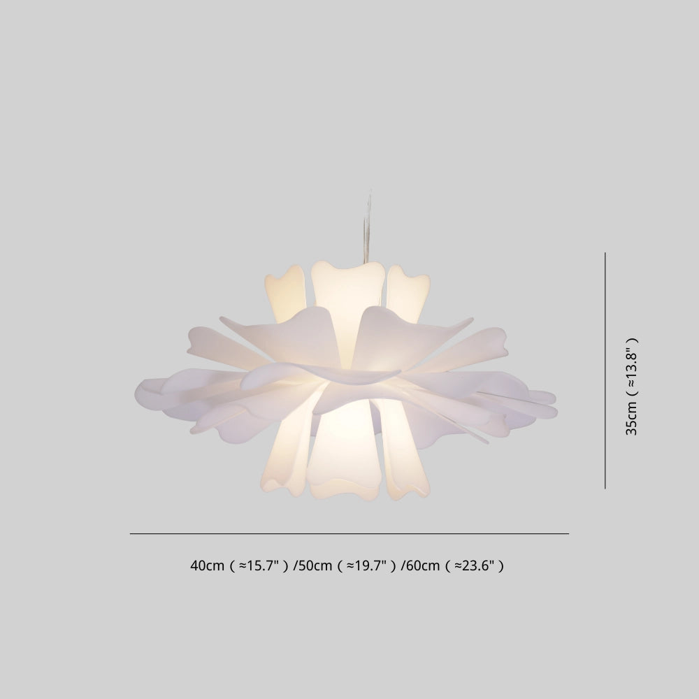 Modern white floral pendant light featuring a decorative blossom design, with a petal-like structure that resembles a delicate flower, suspended from the ceiling.