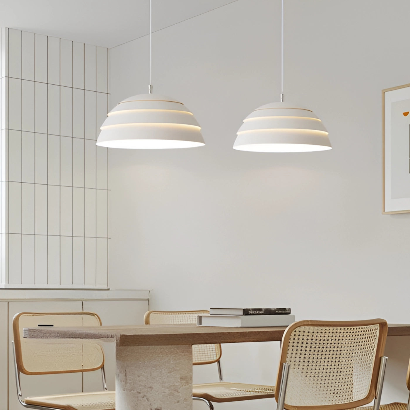 Modern white layered pendant light fixture hanging from the ceiling in a minimalist indoor setting, illuminating a room with white cabinetry, a wooden table, and chairs, showcasing elements of contemporary interior design.