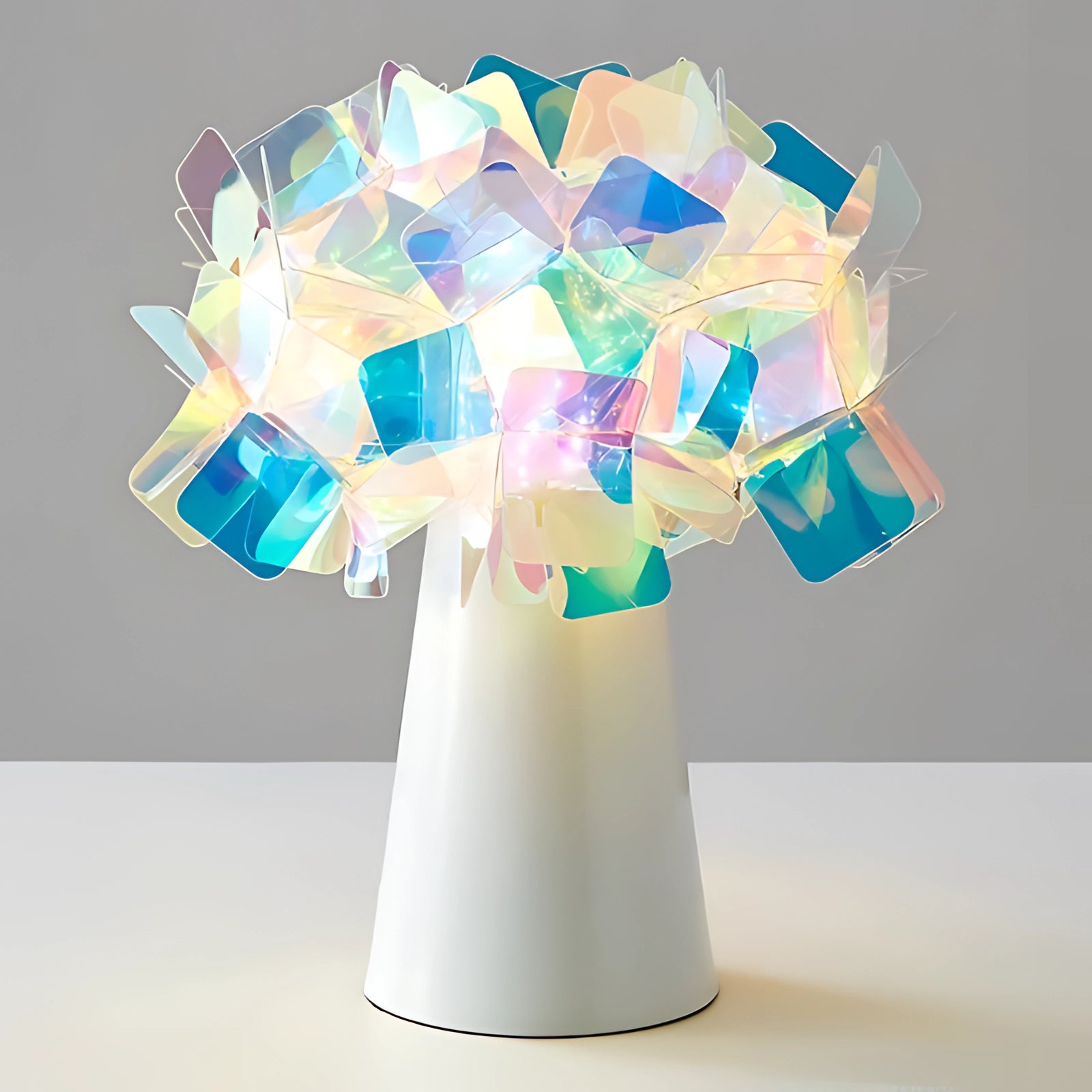 Modern white loop table lamp with a minimalist design, featuring an artistic light sculpture in a light blue color, showcasing a circular pattern resembling creative art.