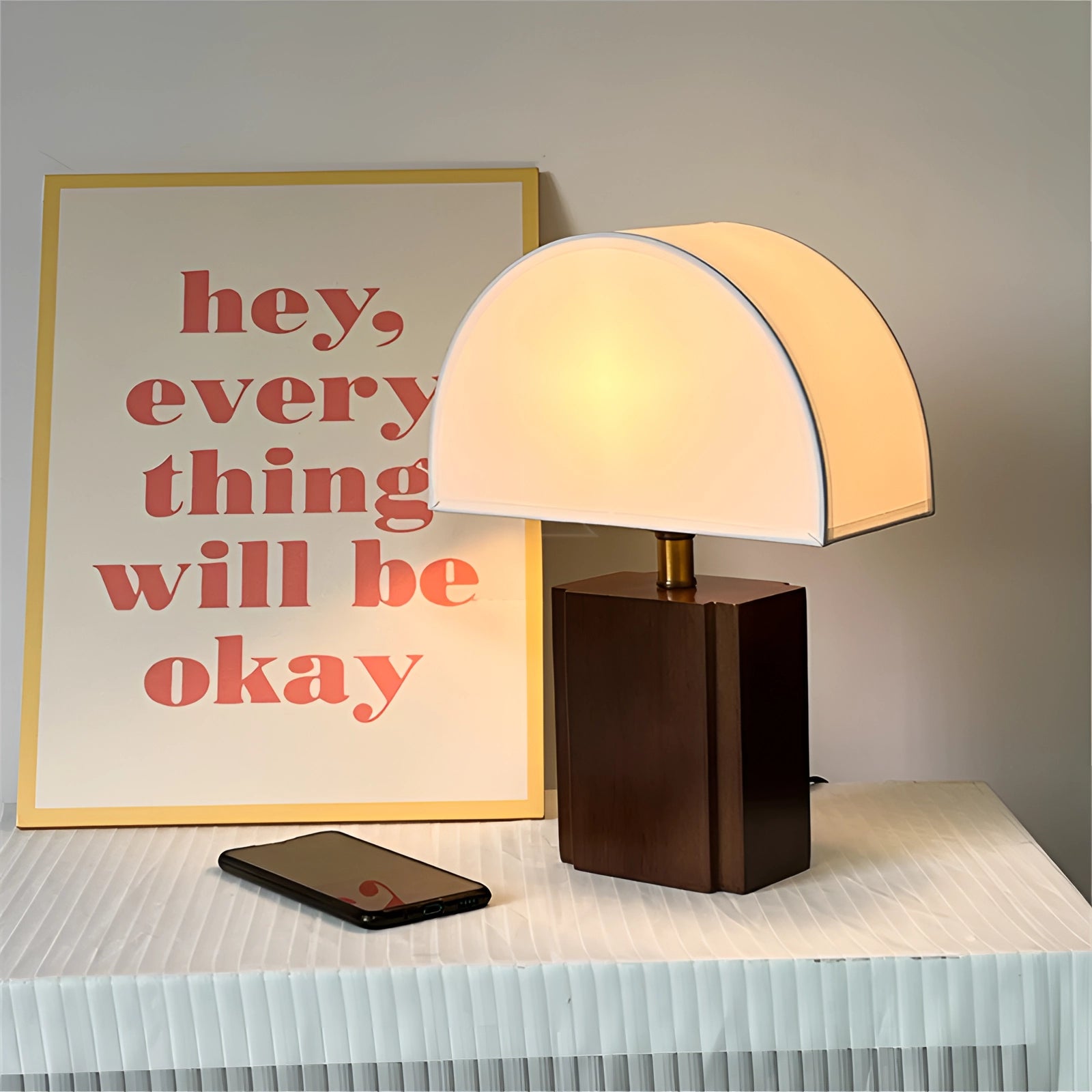 Modern wooden base half-dome lamp with a minimalist design, featuring a smooth wooden base and a sleek lampshade, ideal for adding ambient light to any room.