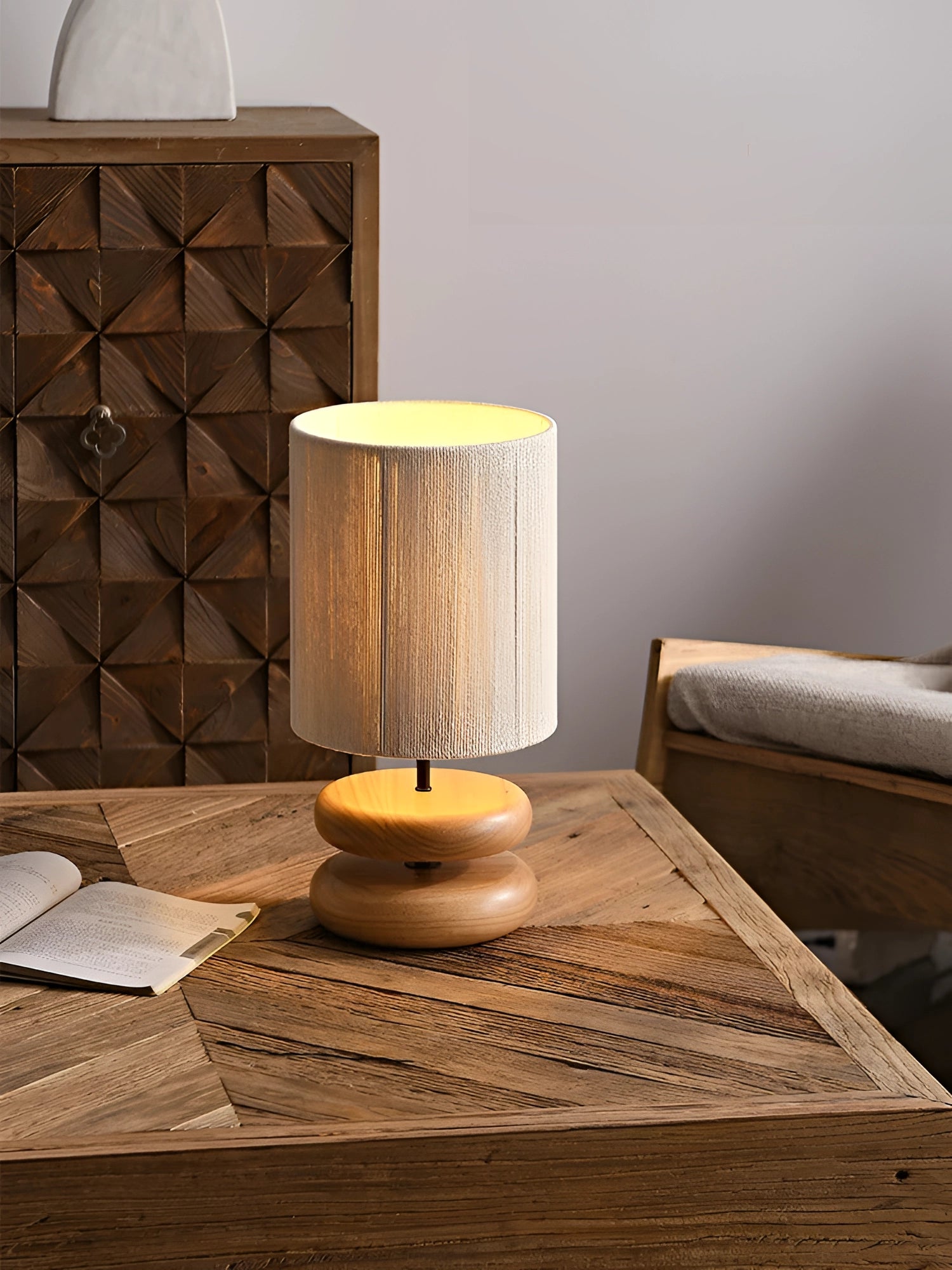 Modern Wooden Base Table Lamp - Textured Fabric Shade, Elegant Decor