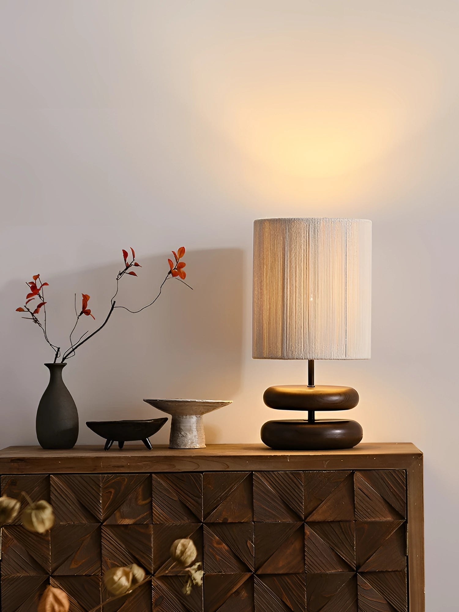 Modern Wooden Base Table Lamp - Textured Fabric Shade, Elegant Decor