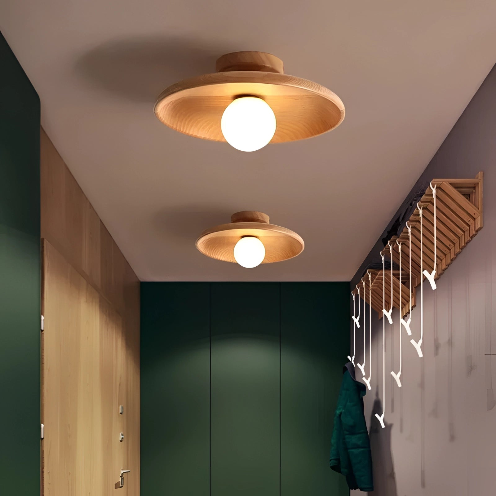 Modern wooden pendant light fixture with LED lighting, featuring a minimalist design. The light is suspended from the ceiling and showcases a sleek, linear shape with a natural wood finish, measuring 28 cm. Ideal for enhancing interior decor with subtle tints and shades.