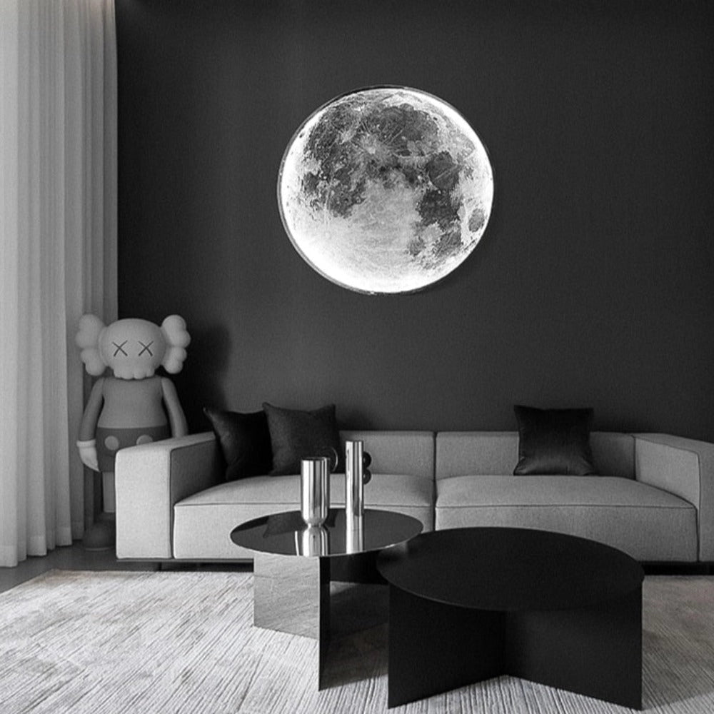 Moon Ceiling Light in a sleek, modern design, installed in a contemporary elevator setting. The fixture emits a warm white glow, reflecting its luxury style and enhancing the minimalist interior décor with a grey and black color scheme.