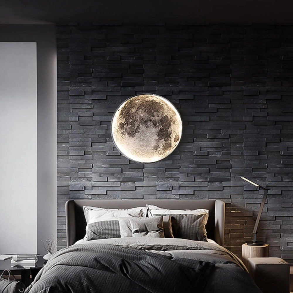 Elegant Moon Ceiling Light in warm white, featuring a sleek black and wood finish, designed for modern elevators with stylish interior design.