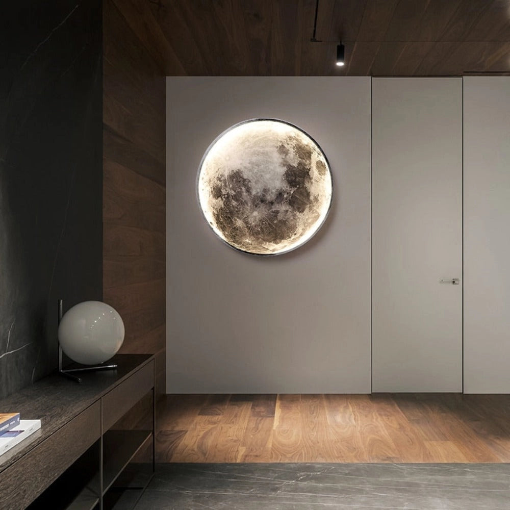 Moon Ceiling Light - Luxury LED Fixture mounted on a modern elevator ceiling with wooden flooring and artistic design elements.