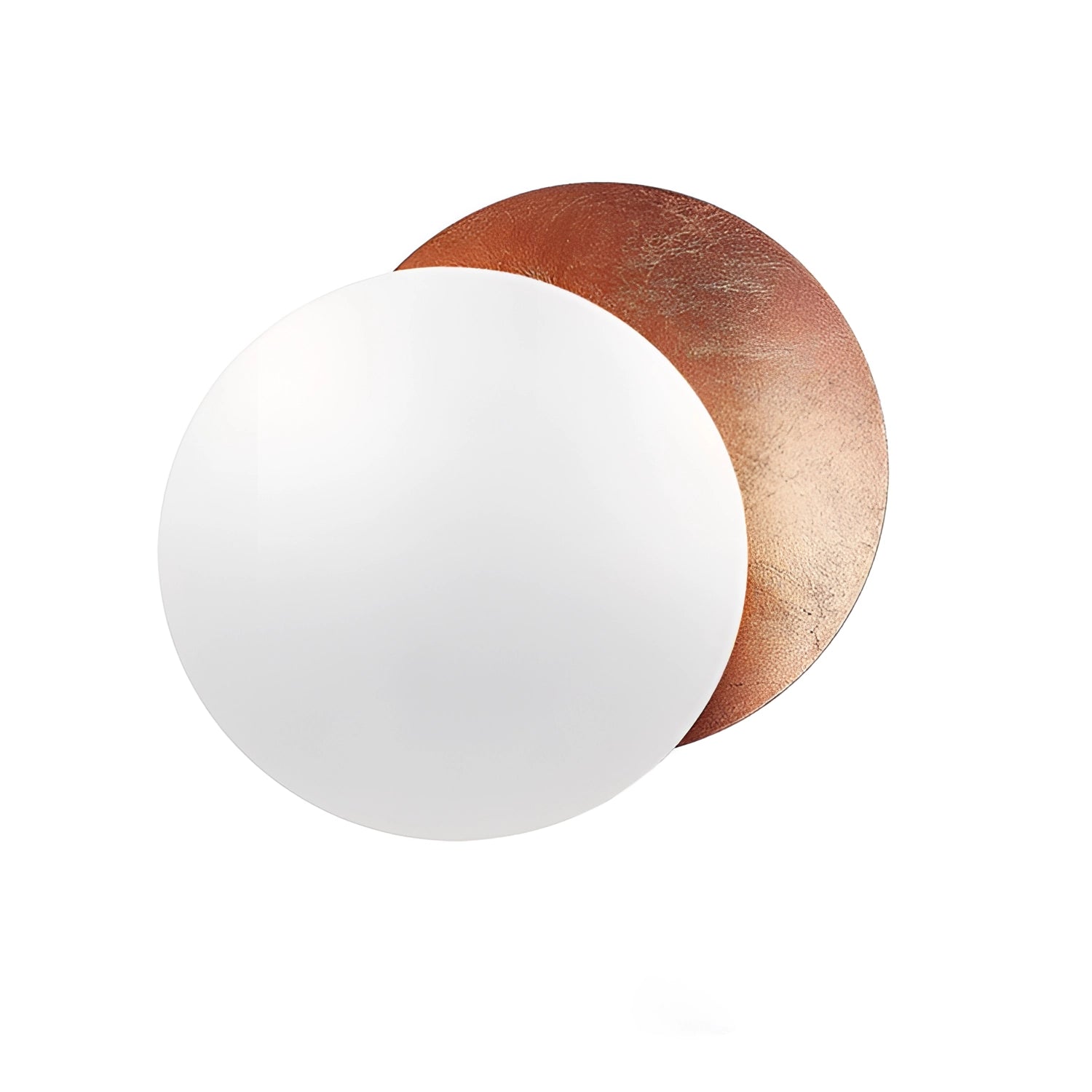 Luxury gold moon-phase wall light in copper and white, 25cm, circular design resembling the moon, artistic lunar sconce with metal and wood elements.