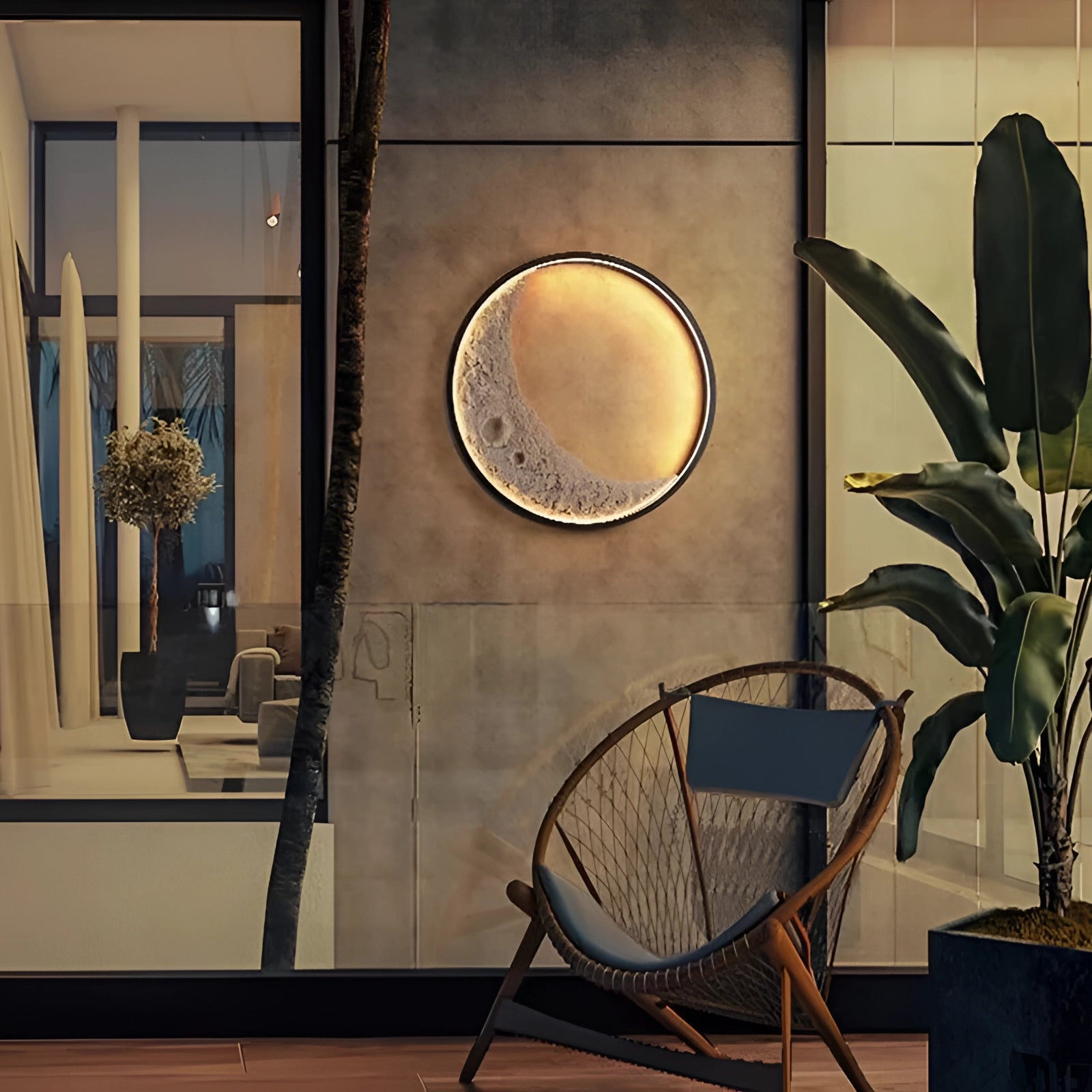 Moon Phase Wall Lights illuminating a cozy interior space with furniture, plants, and decorative elements like mirrors, picture frames, and windows.