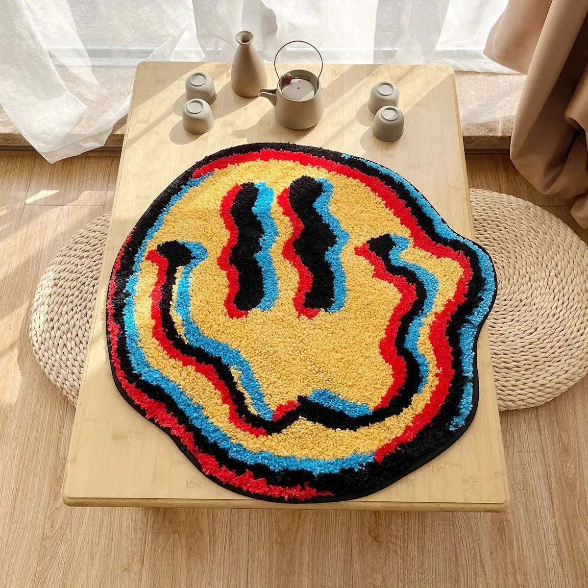 Multicolor high-pile wool rug with a luxurious soft texture, featuring a rectangular shape and intricate artistic patterns in vibrant electric blue hues.