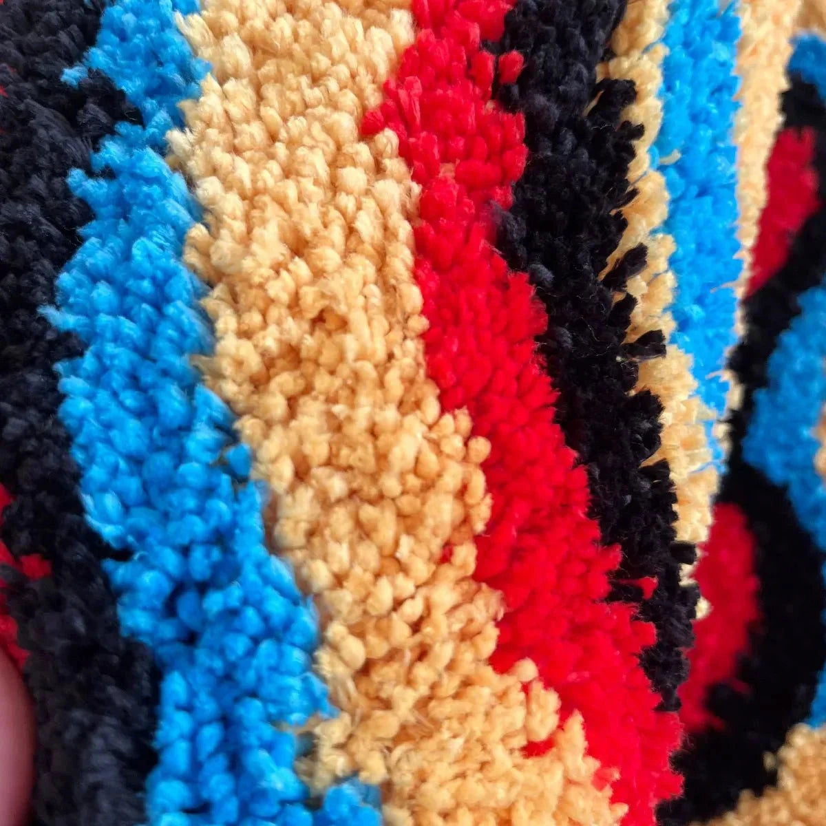 Multicolor high-pile wool rug in a luxurious, soft texture featuring a blend of azure, blue, and magenta hues in a rectangular shape.
