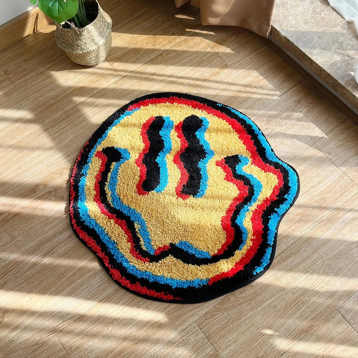 Multicolor high-pile wool rug featuring a luxurious soft texture, with a decorative pattern on green textile, perfect for enhancing the aesthetics of any flooring with its artistic design.