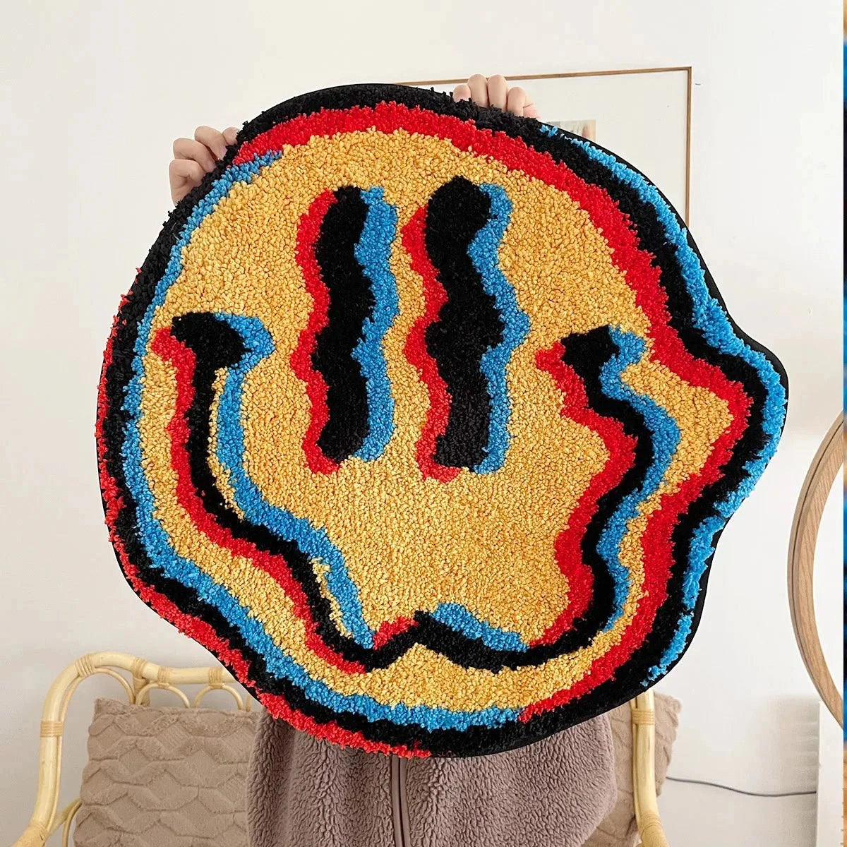 Luxurious multicolor high-pile wool rug with a soft texture and decorative artistic pattern featuring vibrant electric blue accents and geometric shapes including rectangles and circles.