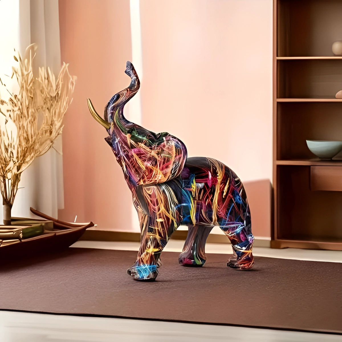 Multicolored neon abstract elephant sculpture displayed on a wooden shelf, featuring vibrant colors and intricate design, suitable for modern interior decor.