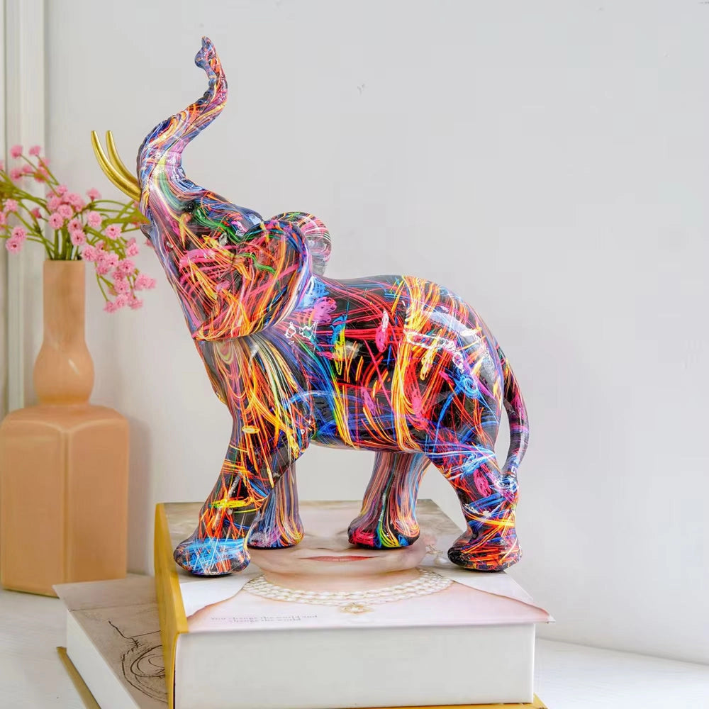 Multicolored neon abstract elephant sculpture featuring vibrant colors in a creative design, ideal for unique home decor.