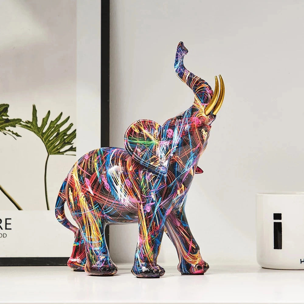 Multicolored neon abstract elephant sculpture with a vibrant design, featuring a creative and artistic portrayal of an elephant as a bold and colorful home decor piece.
