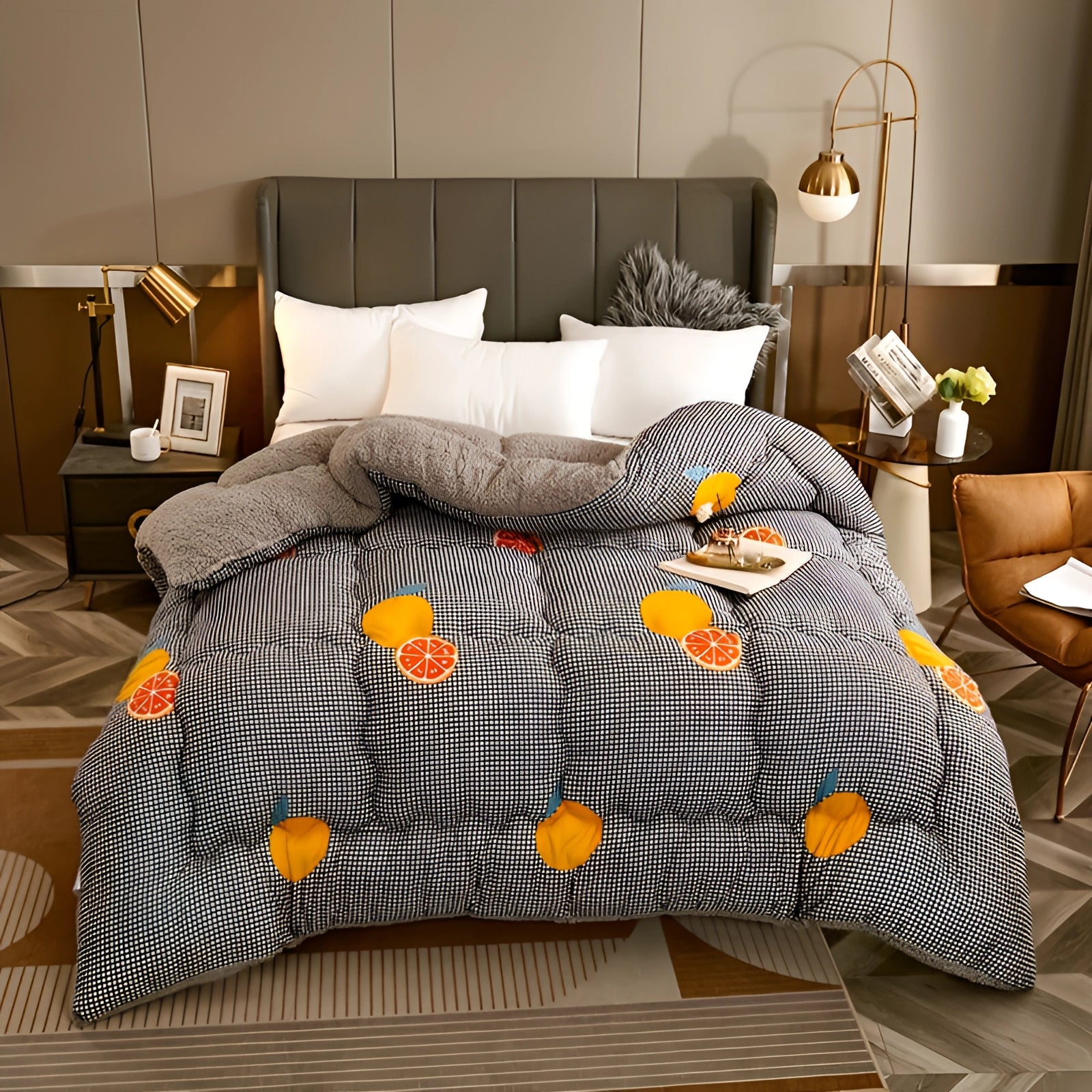 Navy blue comforter with a star pattern, displayed on a bed, showcasing its plush and stylish design in a cozy bedroom setting.