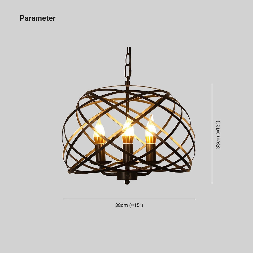 Black metal cage industrial pendant light with orb chandelier design hanging from the ceiling, featuring geometric shapes and symmetrical metalwork.