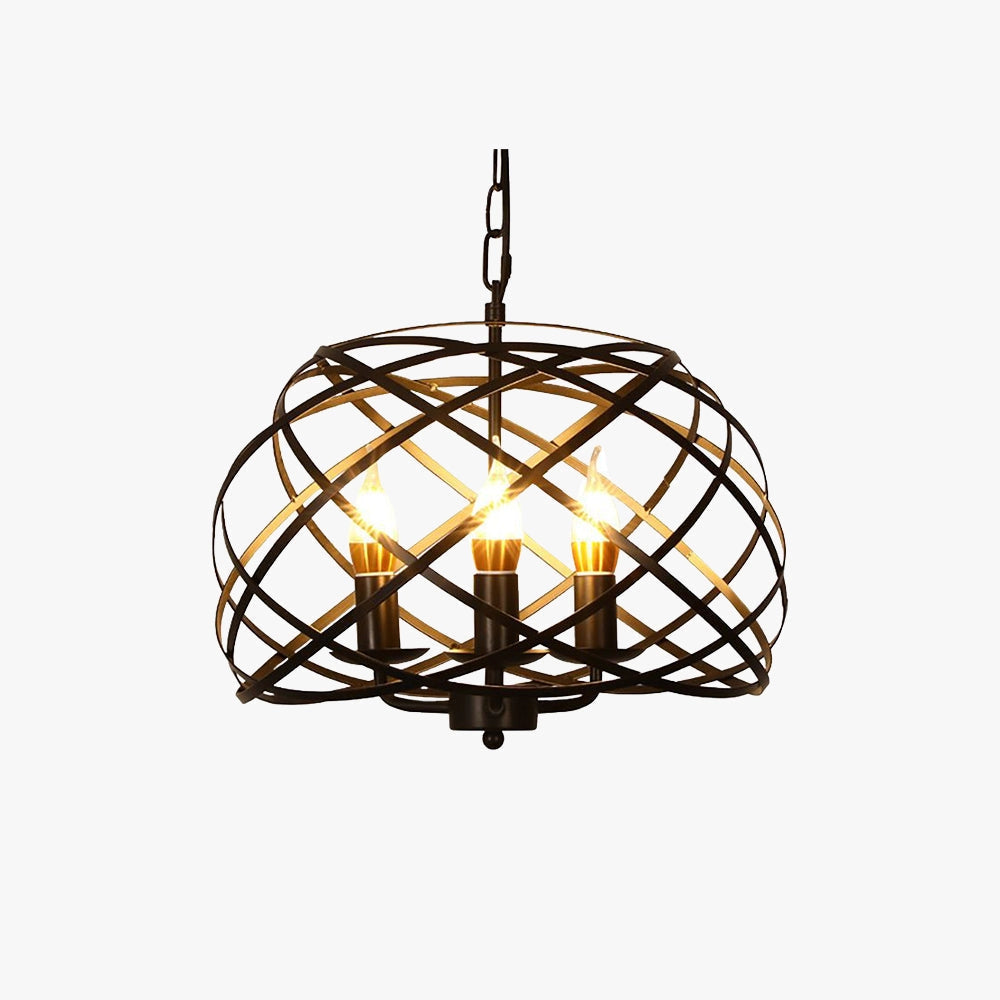 Black metal cage orb chandelier pendant light with a rustic industrial design, featuring an amber-toned lampshade, suspended from the ceiling.