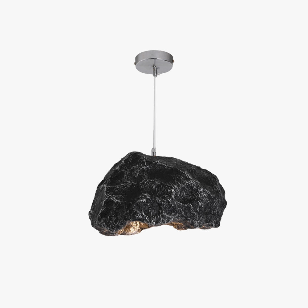 A modern industrial ceiling fixture featuring an organic stone pendant light with a sleek, minimalist design, showcasing a combination of natural stone and metal elements in a monochrome color palette.