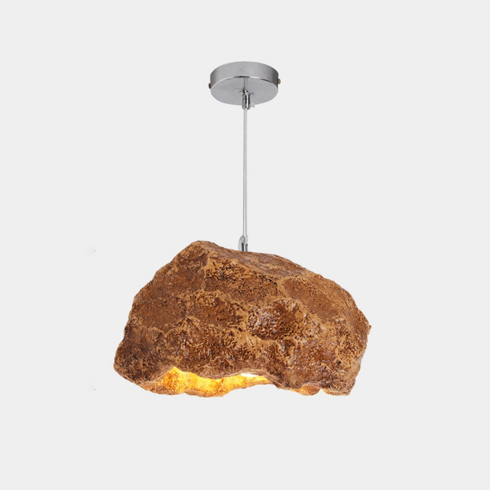 Organic stone pendant light fixture featuring a wooden element, with a modern industrial design suitable for ceiling installation.