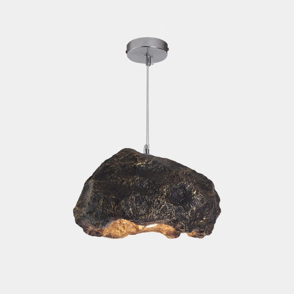 Dark bronze organic stone pendant light featuring a modern industrial design, with a metal ceiling fixture showcasing a natural rock material.