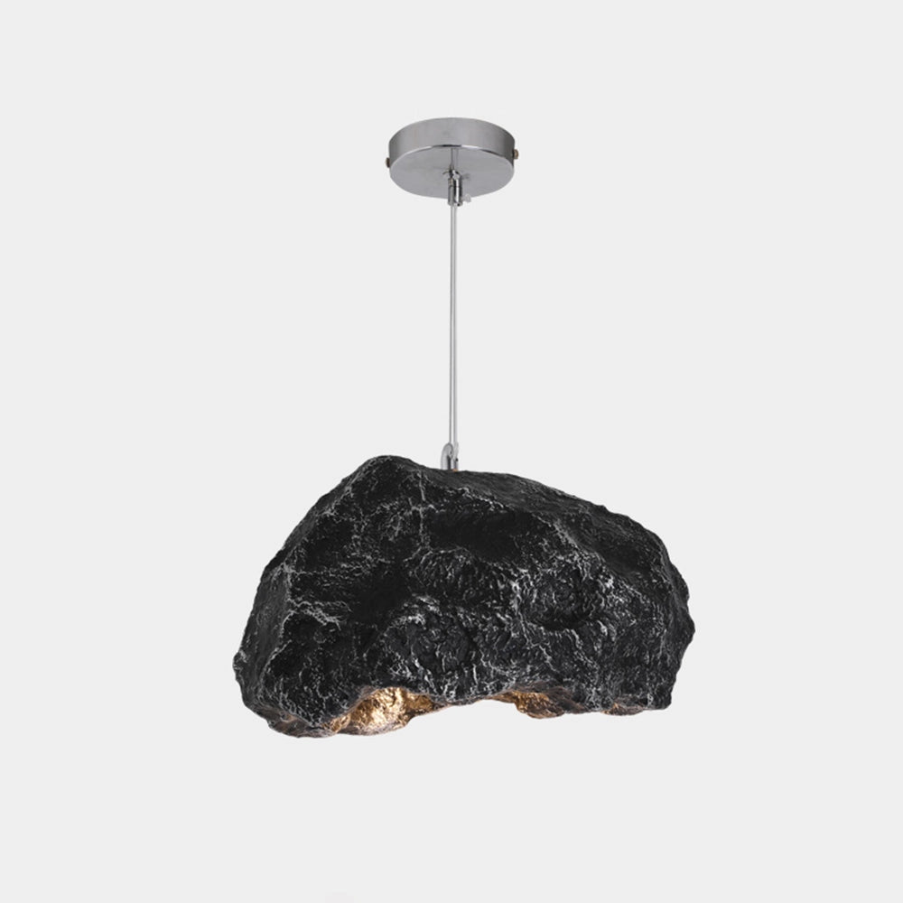 Organic Stone Pendant Light in Black - Modern industrial ceiling fixture with a stone-like texture and sleek black finish, featuring a circular metal cap design.