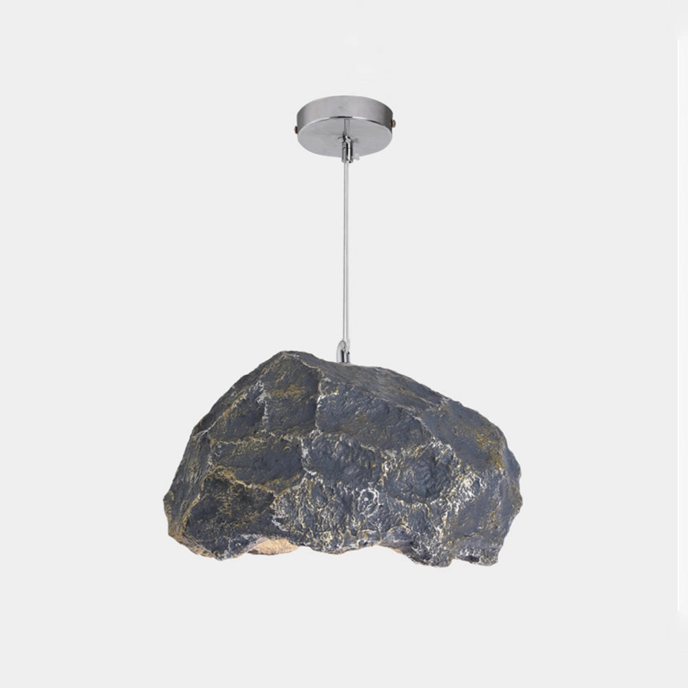 Organic stone pendant light with a modern industrial design in gray, featuring a sleek, circular shape and a minimalist aesthetic.