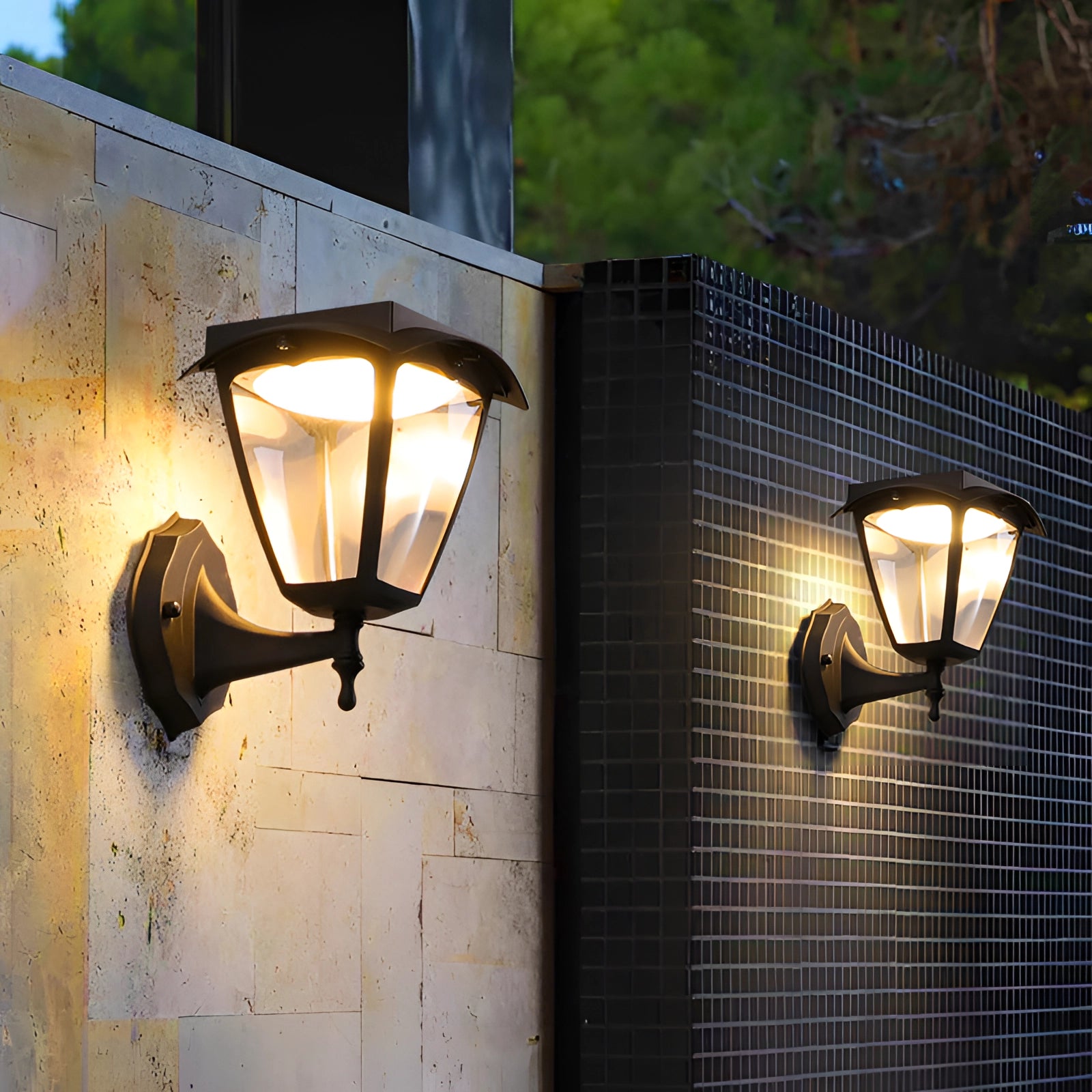 Outdoor LED wall lantern with black finish mounted on a wooden wall, providing energy-efficient and water-resistant lighting.