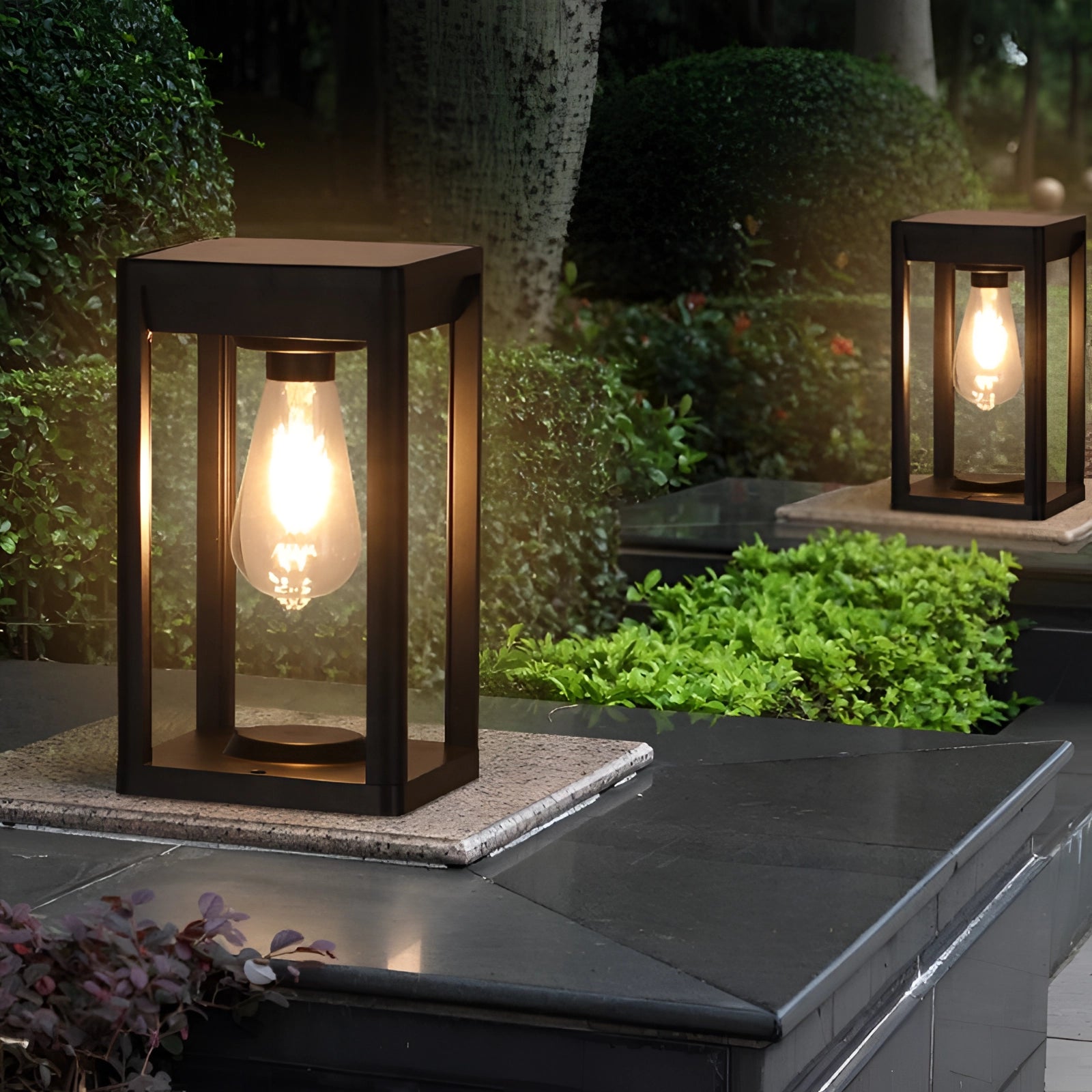 Outdoor solar lantern LED garden light placed on wooden flooring with plants in the background, emitting a warm glow at dusk.