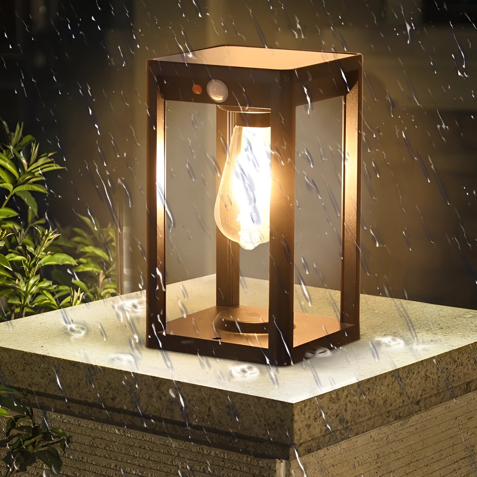 Weatherproof outdoor solar lantern LED garden light illuminating a garden area with plants, showcasing energy efficiency and stylish design.