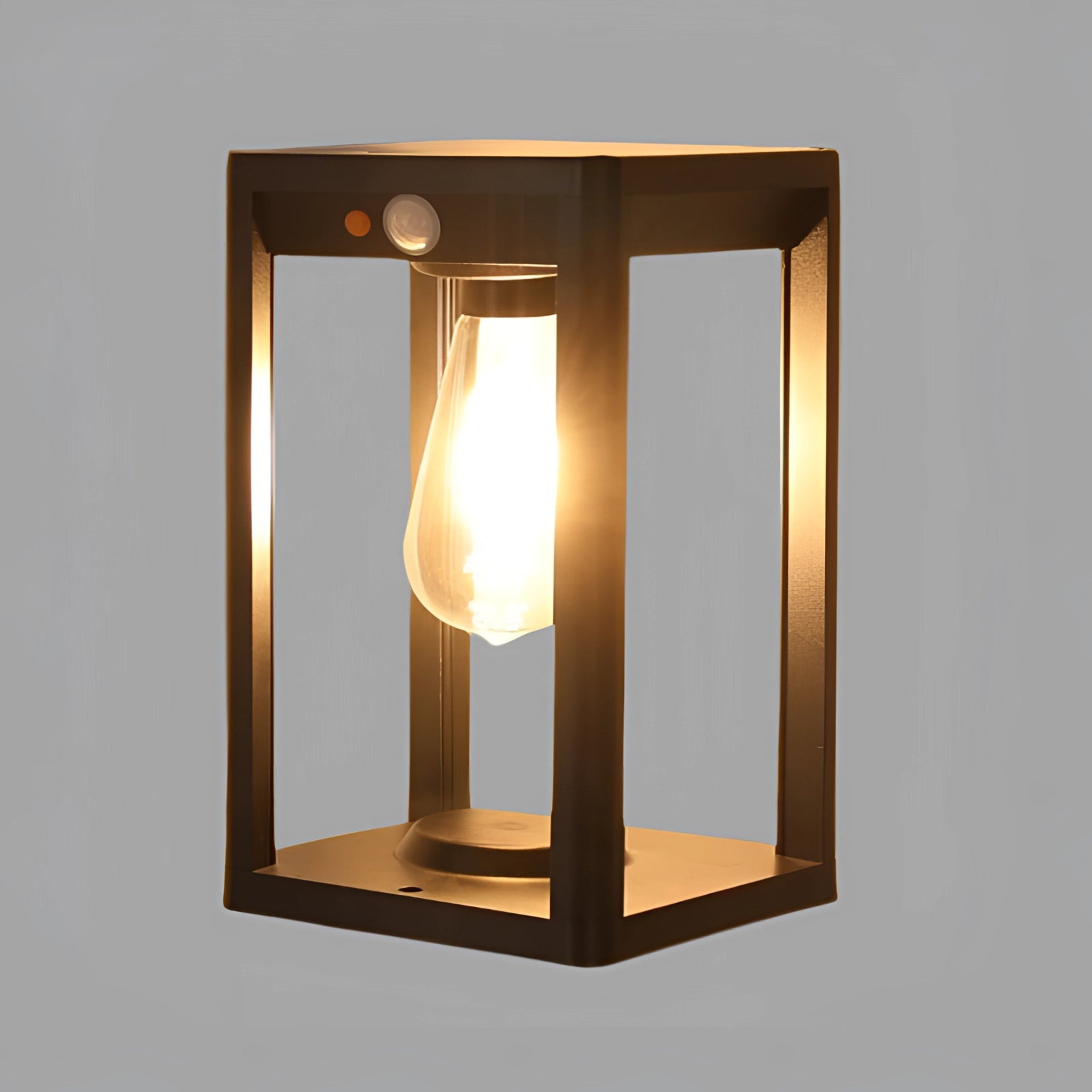 Outdoor Solar Lantern LED Garden Light, weatherproof and energy-efficient, featuring a rectangular design with amber-colored light encased in a wooden and glass frame.