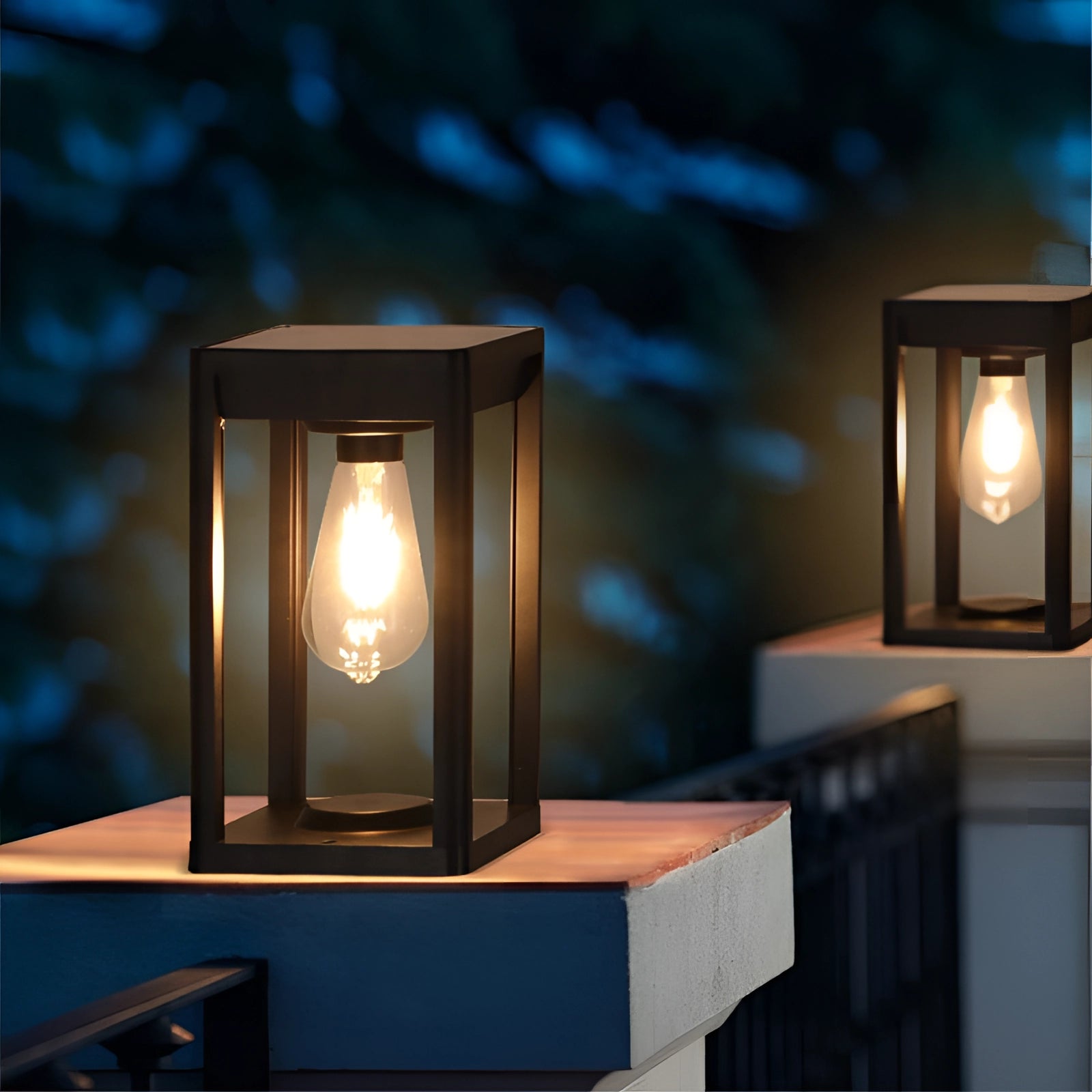 Outdoor solar lantern LED garden light hanging on a wooden structure, illuminating the surroundings with warm light at night.