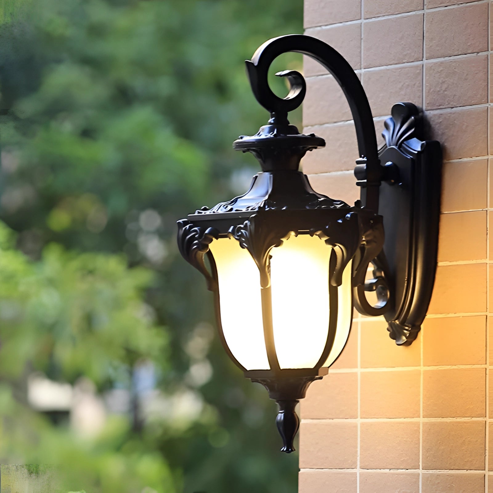 Vintage bronze outdoor wall lantern with a weather-resistant finish, featuring a classic lamp design ideal for security lighting. The lantern is made of metal and emits a warm, inviting glow suitable for exterior home illumination.
