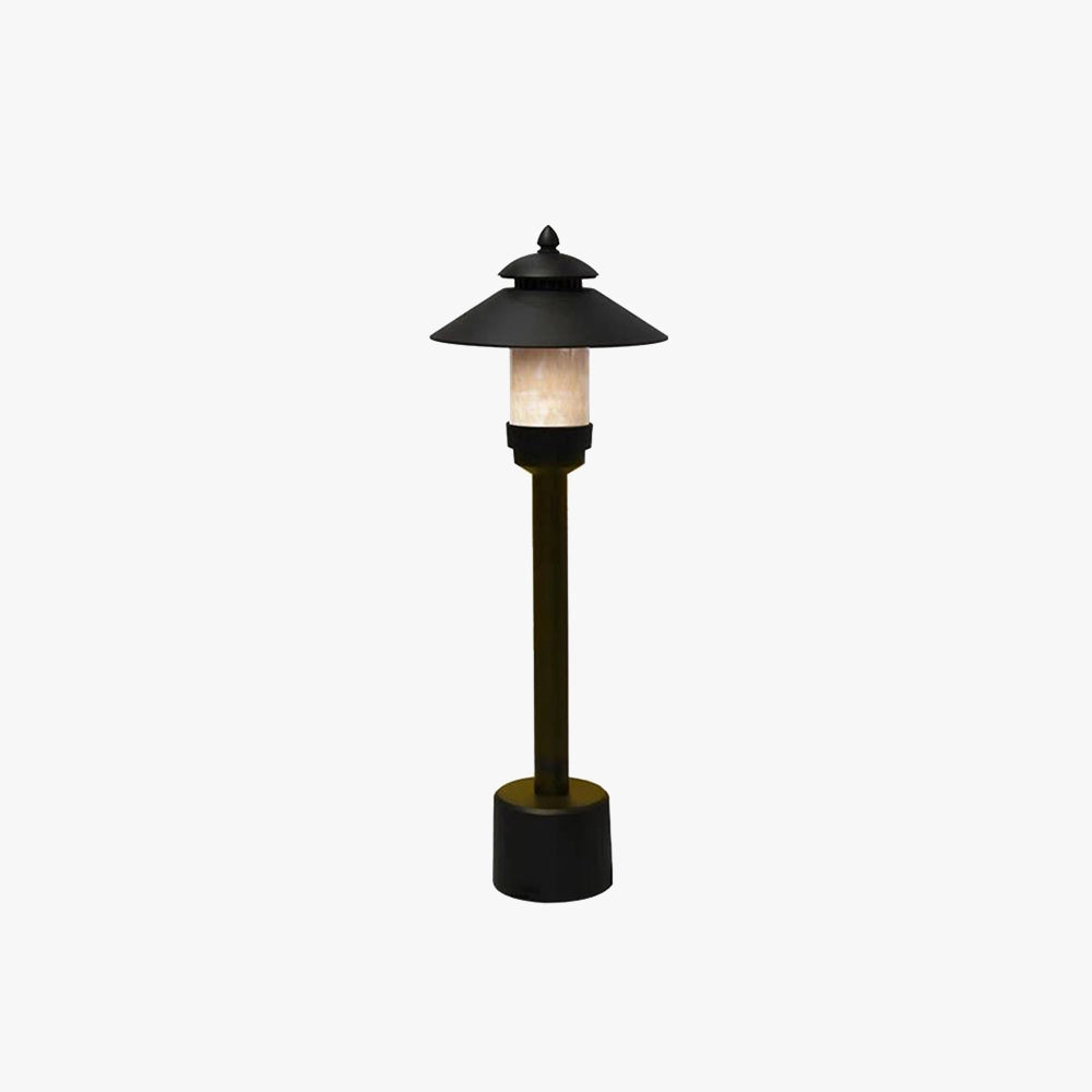 Pagoda-inspired outdoor path light featuring a weather-resistant design, with a metal and wood structure, resembling a traditional street lamp.
