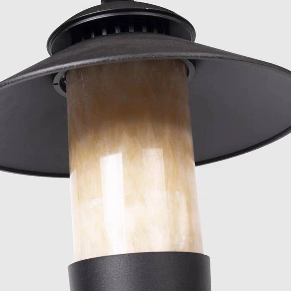 Pagoda-inspired outdoor path light with a weather-resistant design, featuring a wood and metal construction, shaped like a cylindrical street lamp.