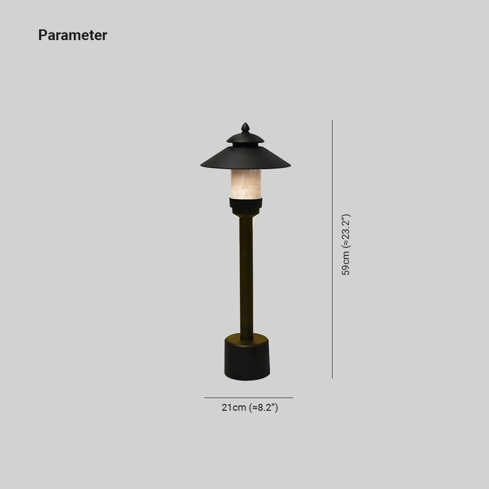 Pagoda-inspired outdoor path light with a weather-resistant design, featuring a traditional lamp structure that resembles a pagoda, ideal for illuminating garden paths and walkways.