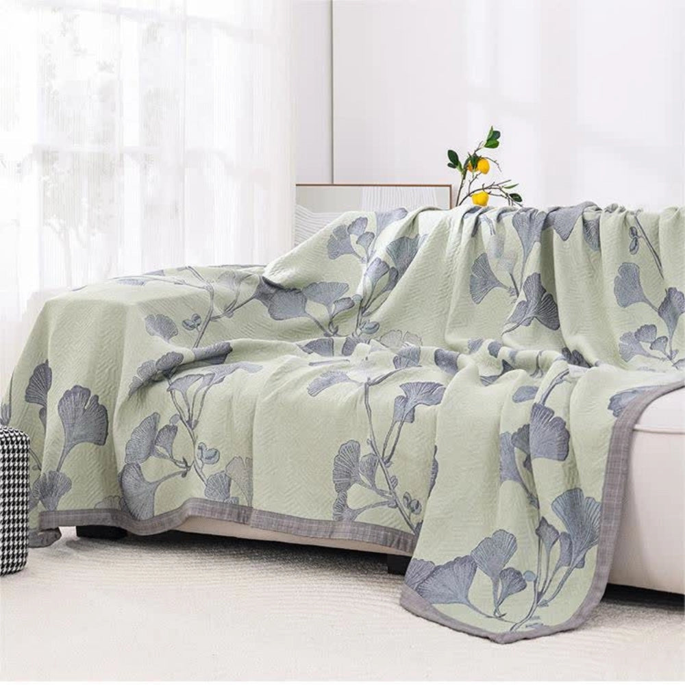 Pastel Green Floral Cotton Throw Blanket - Lightweight Leaf Pattern Decor