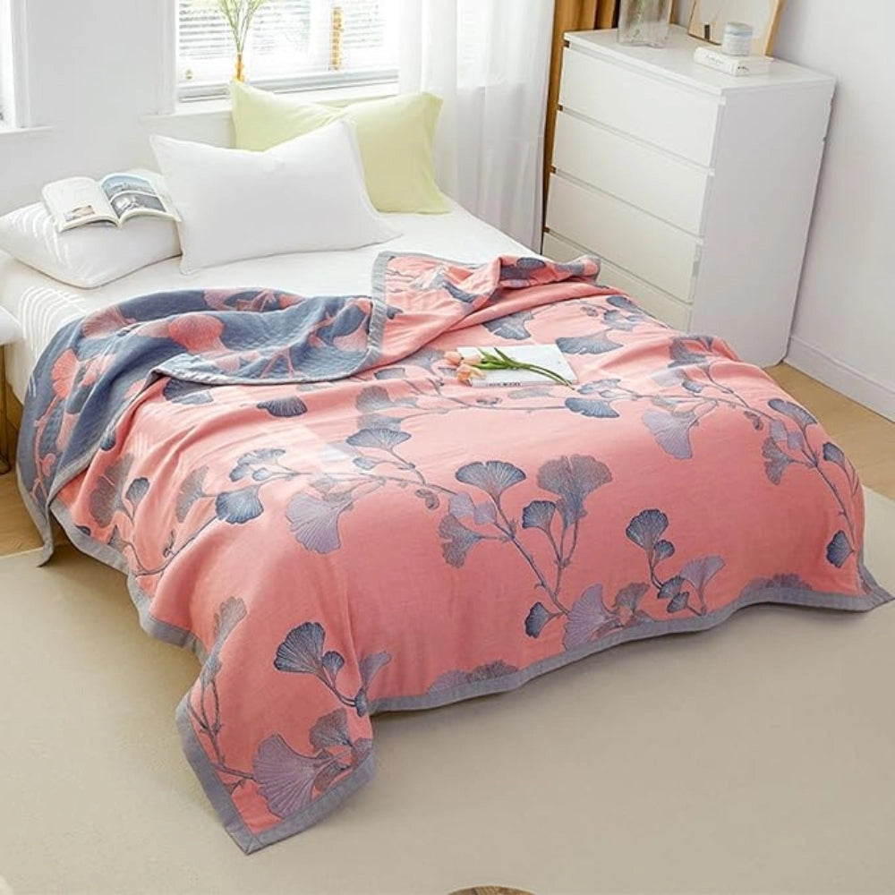 Pastel Green Floral Cotton Throw Blanket - Lightweight Leaf Pattern Decor