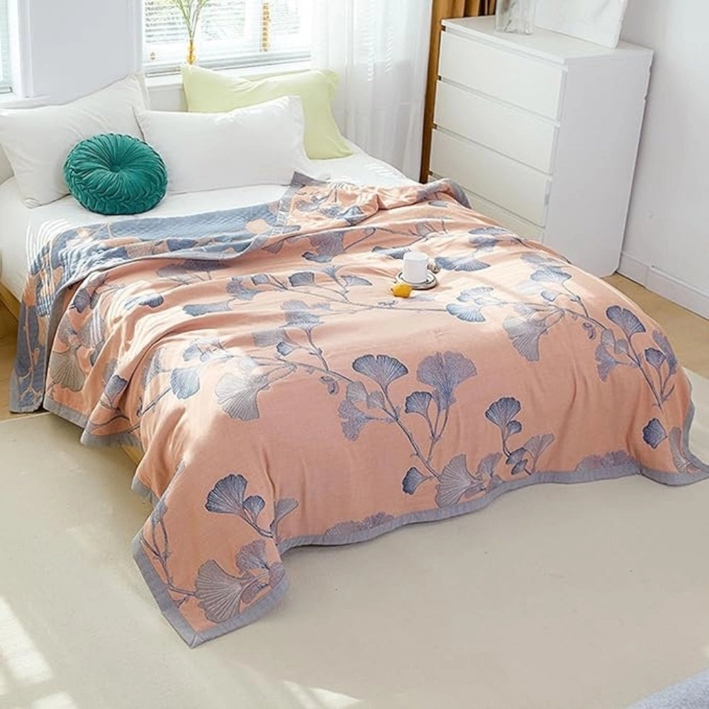 Pastel Green Floral Cotton Throw Blanket - Lightweight Leaf Pattern Decor