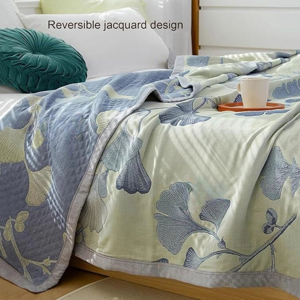 Pastel Green Floral Cotton Throw Blanket - Lightweight Leaf Pattern Decor