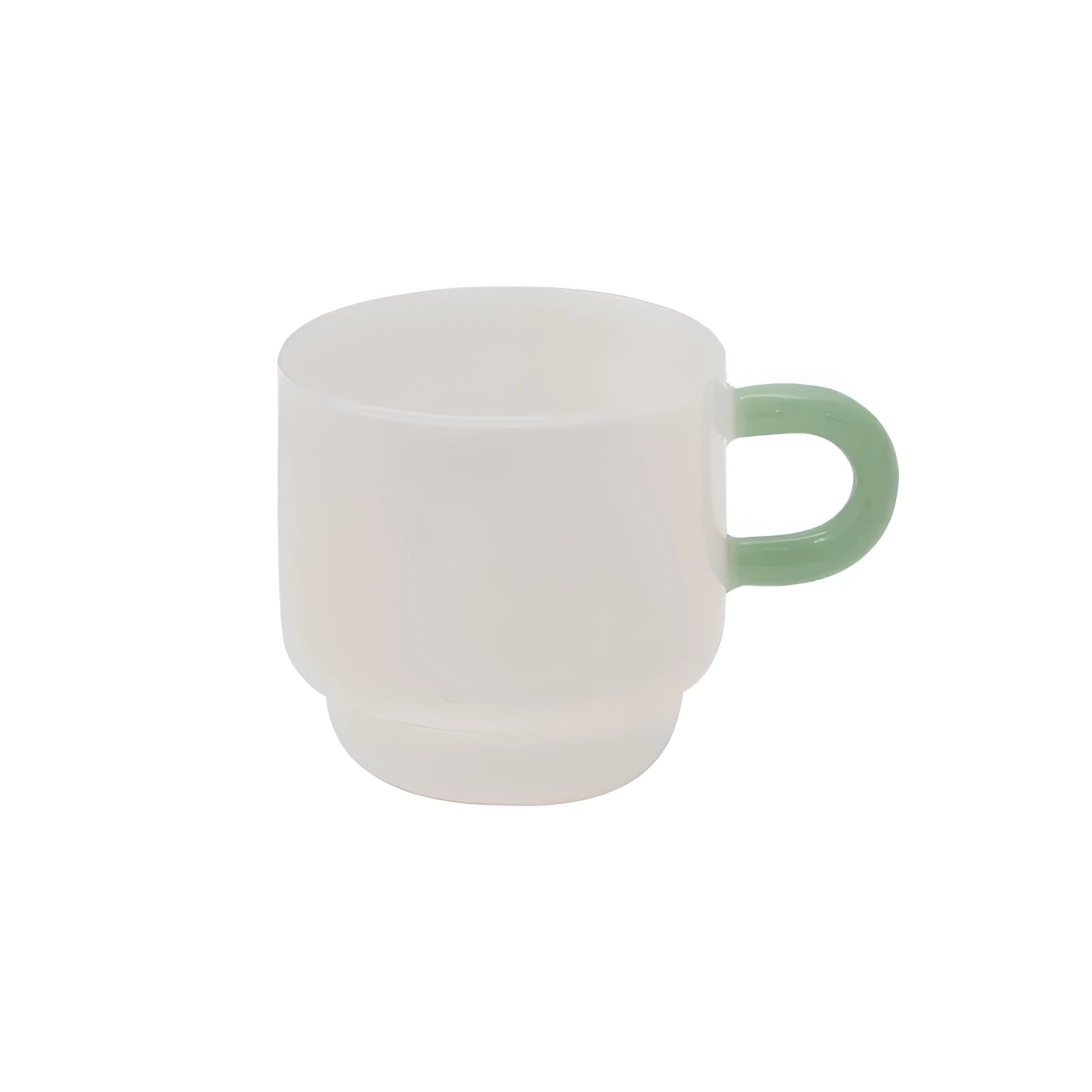 Pastel green matte ceramic mug in a Scandinavian style with a small handle, featuring a white interior and a 250ml capacity, resembling a clean and minimalist design typical of Nordic tableware.